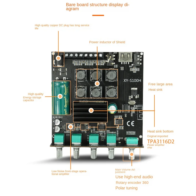 

B02B-XY-S100H 2.1 Channel Bluetooth Amplifier Board TPA3116D2 50Wx2+100W High-Power Subwoofer BT5.0 Audio Module DC5-26V