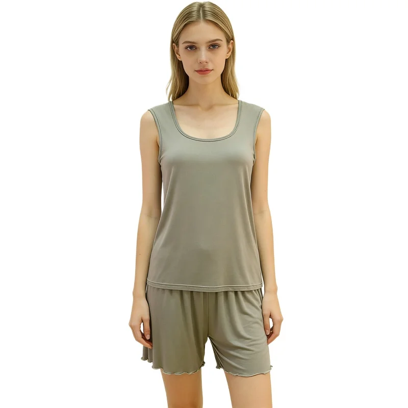 

Women's Pajamas Modal Wide Shoulder Double U-neck Vest Shorts Two-piece Set Loose Plus Size Home Suit Pijama Mujer M-6XL