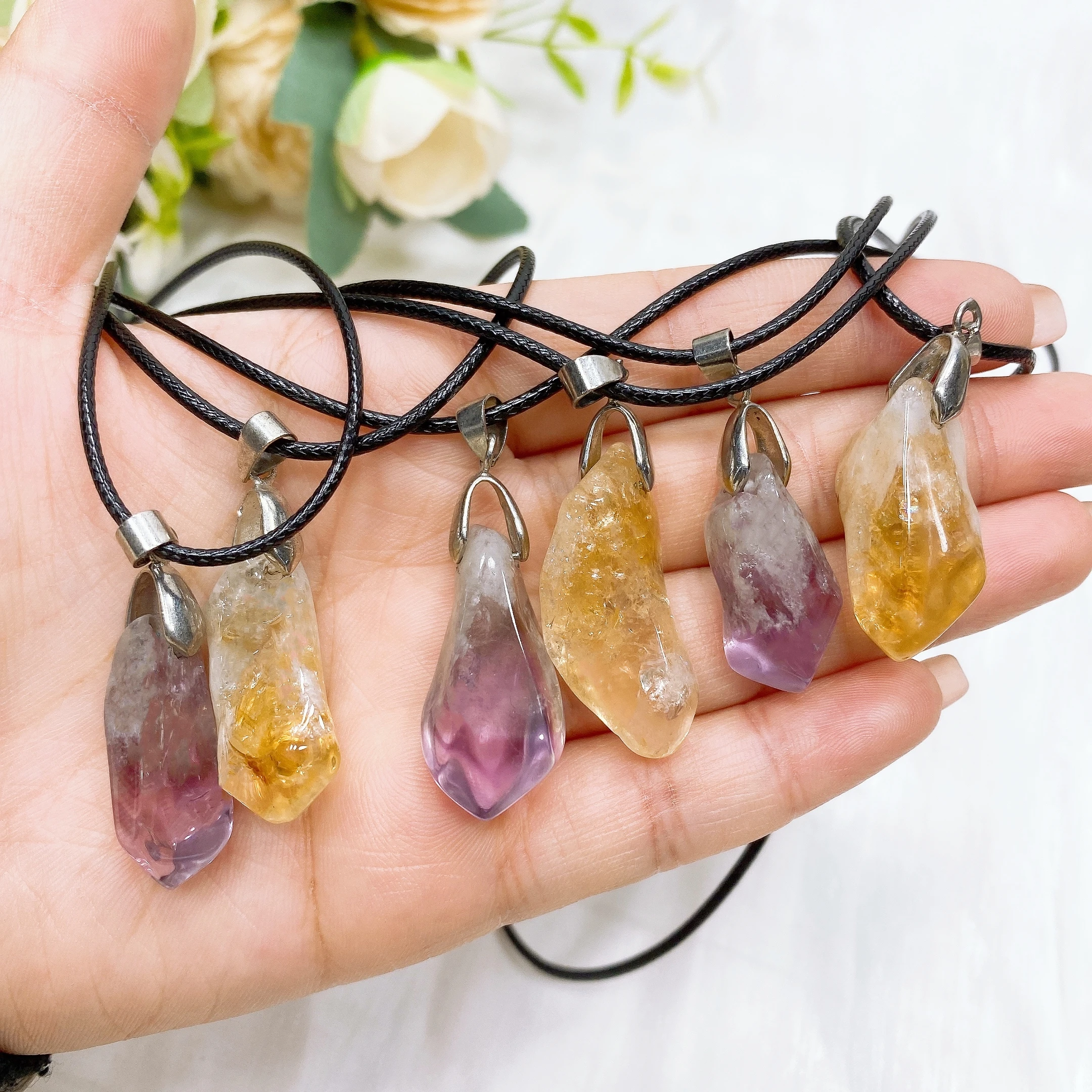 3PCS Natural Amethyst Citrine Polished Charm Pendant Reiki Healing Crystal Mineral Stone Gemstone DIY For Necklace Souvenir Gift