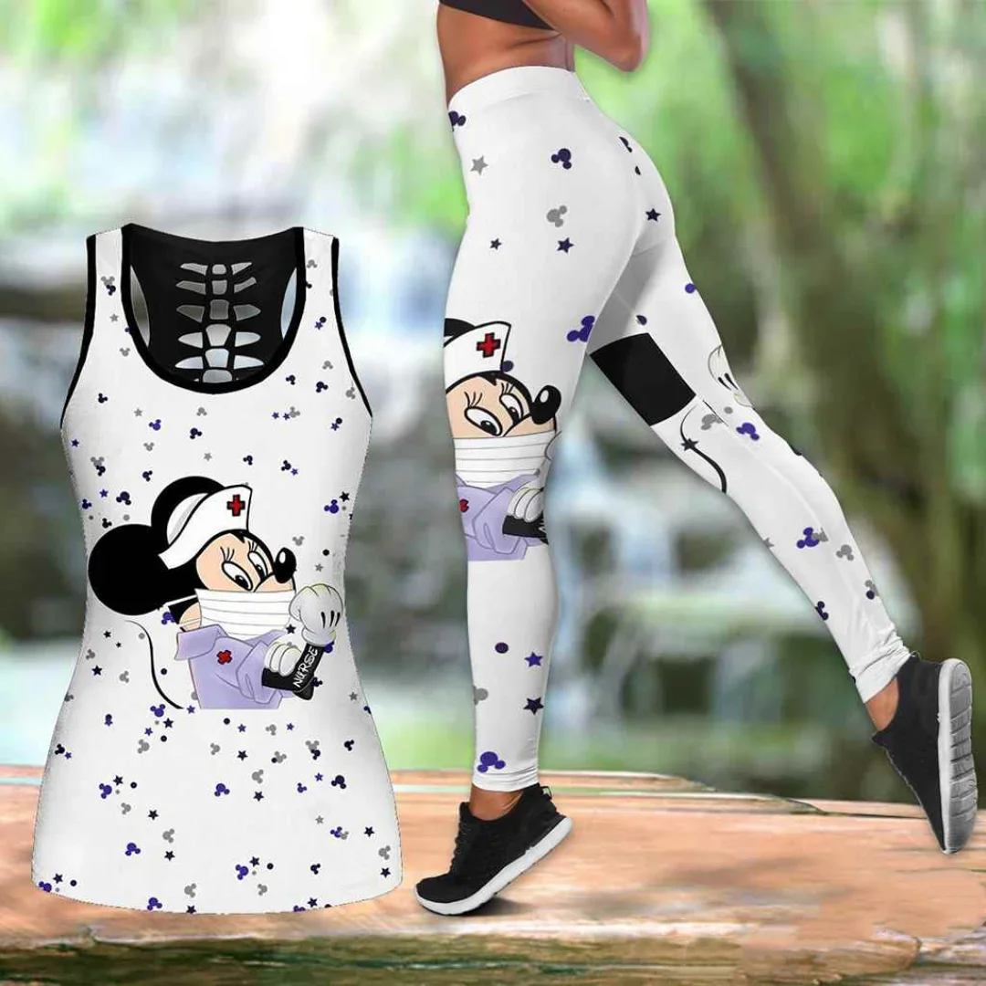 2024 New Mickey Mouse Women\'s Hollow Vest + Women\'s Leggings Yoga Suit Fitness Leggings Sports Suit Disney Tank Top Legging Set