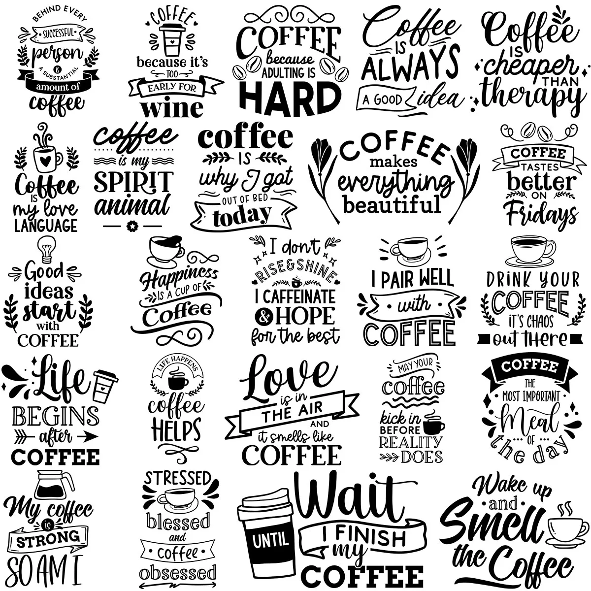 24pcs Funny Coffee Lovers Caffeine Quotes Sayings UV DTF Cup Wrap Transfer Sticker Glass Coffee Mugs Greeting Cards Decal Gift