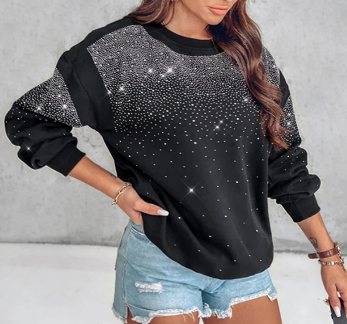 Elegant Women\'s Sweater Autumn Sportswear O-Neck Rhinestone Decor Sweatshirt Casual Long Sleeved Sweatshirt Pullover Y2K Clothes