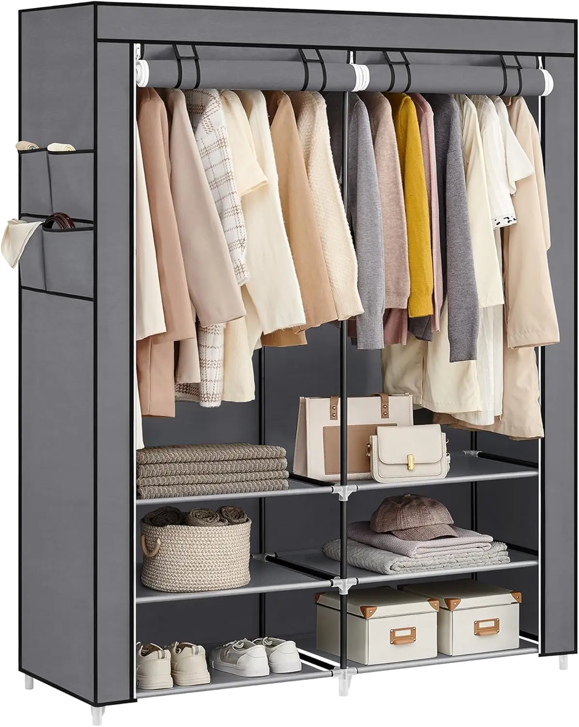 

Portable Closet Wardrobe with Shoe Rack and Cover, Closet Storage Organizer, 2 Hanging Rods, Shelves, and 4 Side Pocket