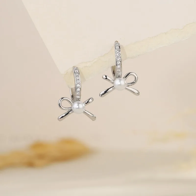 Exquisite Bow Pearl Zircon Earrings Sweet Daily Jewelry Gift for Women Hoop Earrings for Women