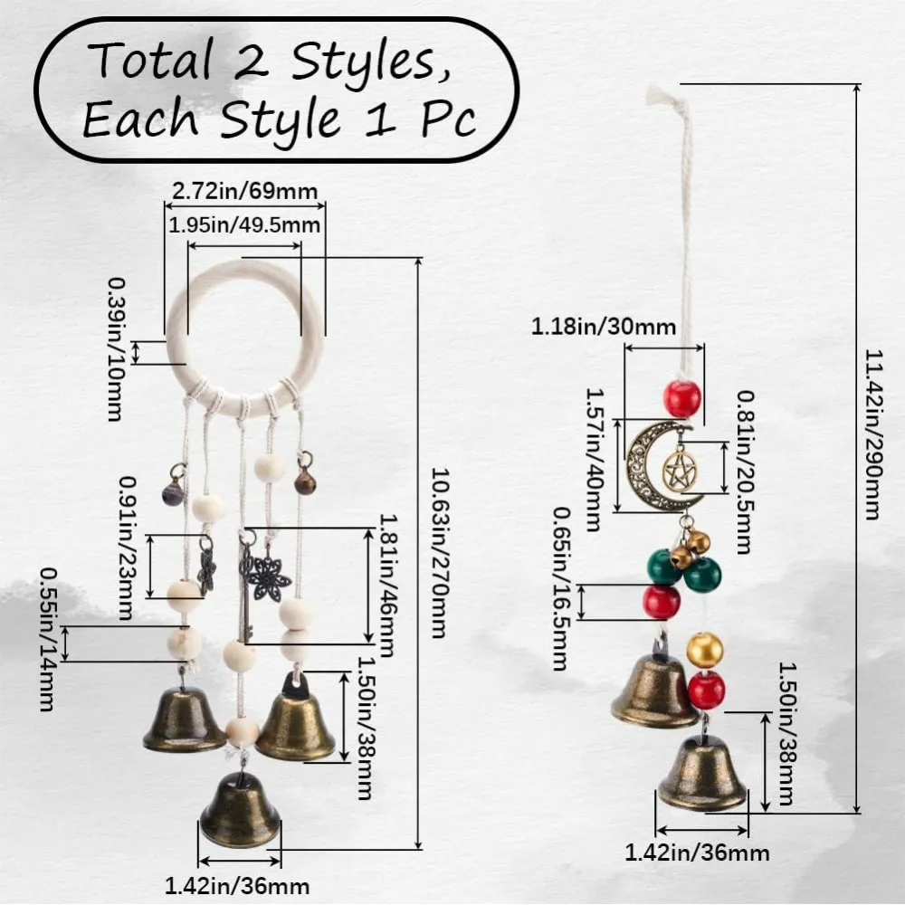 2Pcs 2 Style Iron Witch Bells Magic Wind Chimes Door Knob Hanger with Wood Bead Alloy Moon Star Witchcraft Decor making kit