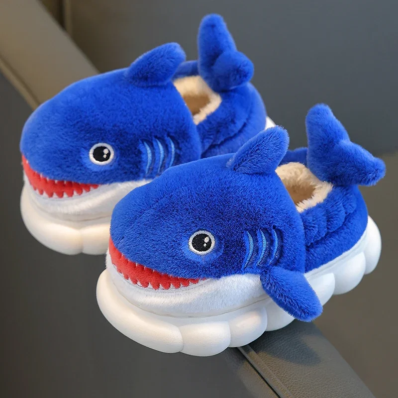 New Winter Wrap Heels Cute Cartoon Shark Cotton Slippers Children\'s Non-slip Soft For Kids Girls Boys Baby Warm Plush Home Shoes