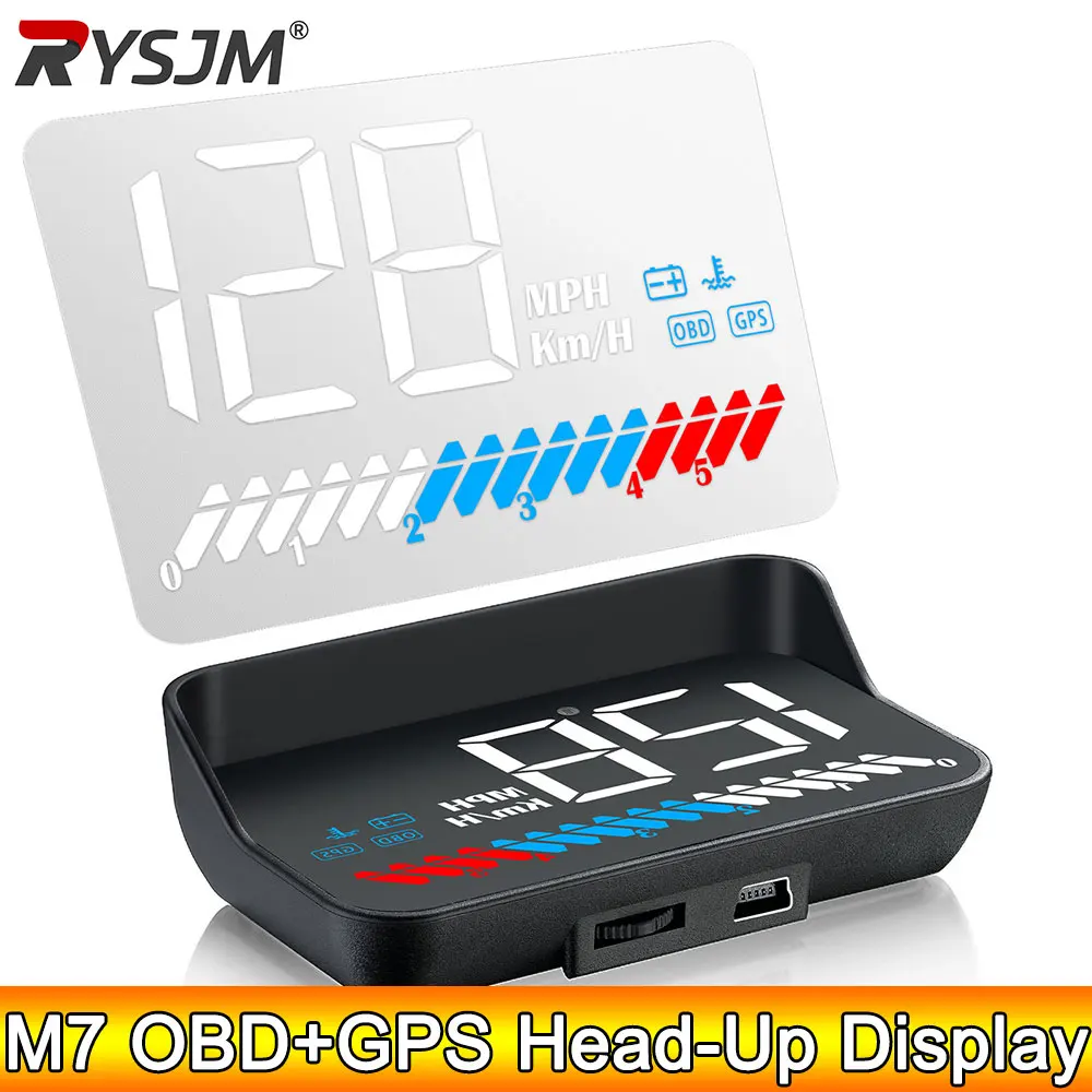 

AD Стеклянная проекция Проекционный дисплей M7 OBD2 GPS HUD Большой шрифт Приборная панель GPS Спидометр Об/мин Сигнализация превышения скорости напряжения
