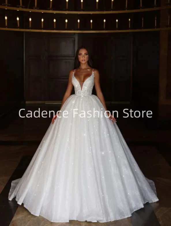 Abiti da ballo con paillettes scintillanti personalizzati Abiti da sposa di lusso Abiti da sposa sexy a trapezio senza schienale con scollo a V