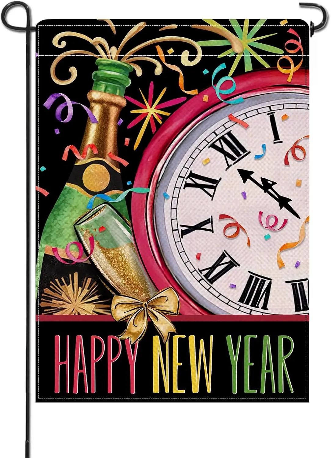 Artofy Happy New Year 2025 Eve Small Decorative Garden Flag, Celebration Clock Fireworks Yard Lawn Outside Decor, Winter Holiday