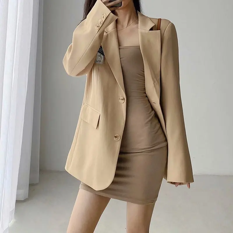 Street Sle Loose Damen Jaet 2022, neuer Vintage Briti College Faion Ele, schrulliger Anzug, reine Farbe, lang, Sve