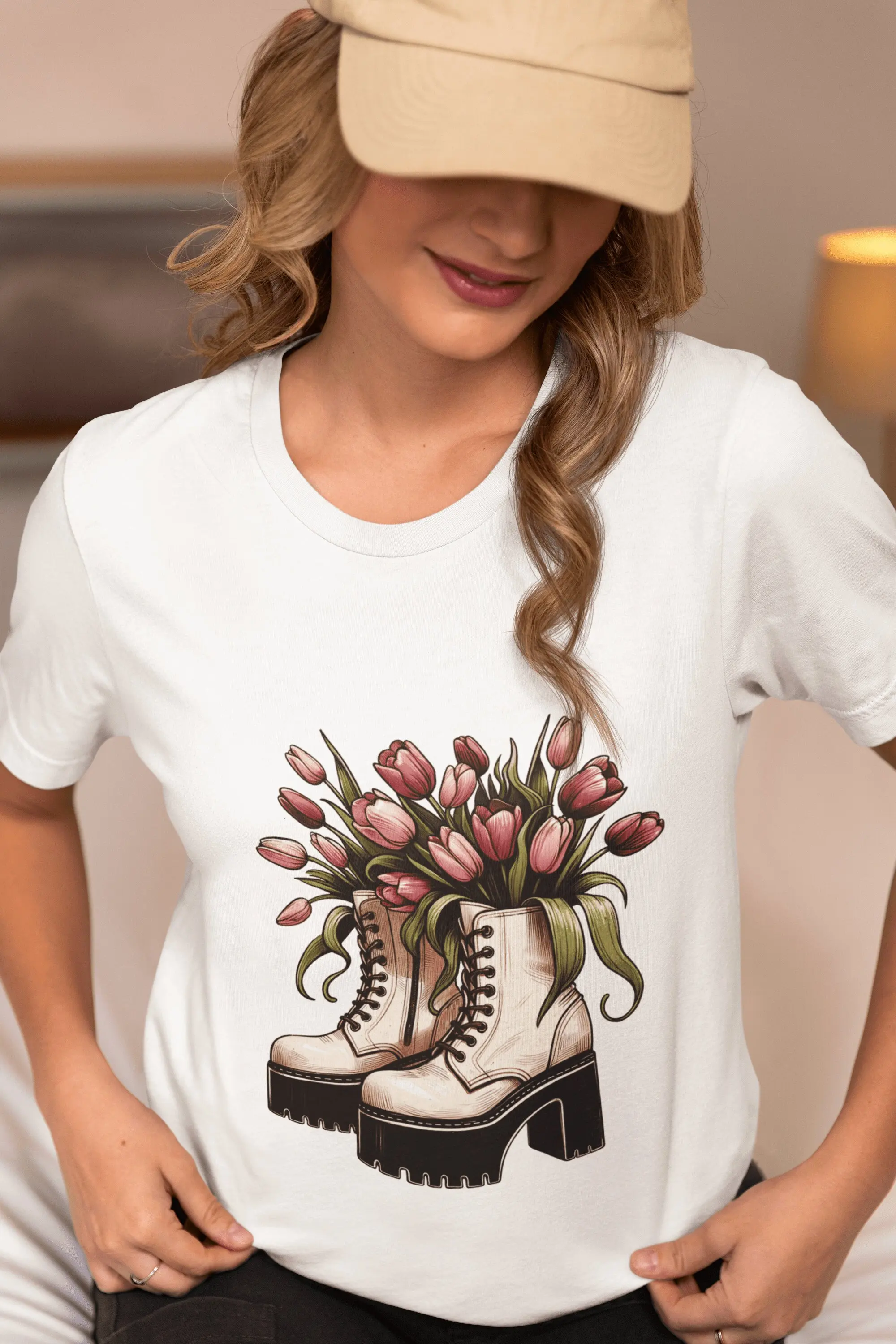 Vintage Boot Floral T Shirt Tulip Bouquet Retro Style Comfort Cotton Boho Chic Unique for Garden Lover