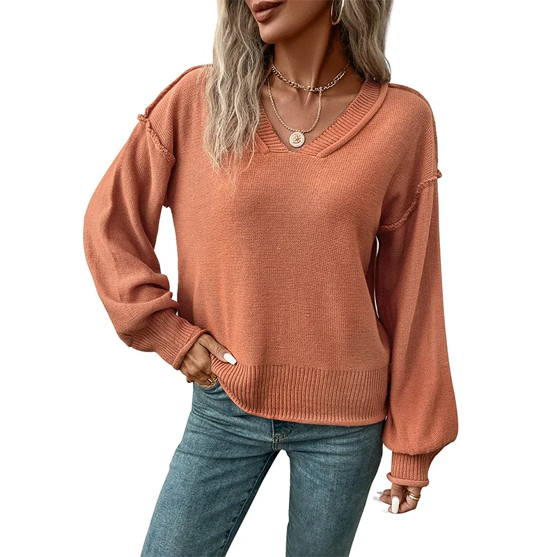 2024 Autumn And Winter Fashion Mahogany Color Sweaters Splicing Exposed Sutures V-neck Women's Long-sleeved European And America