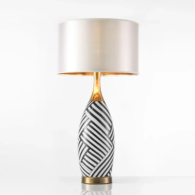 American Creative Stripe Design Ceramics LED Desk Light White Fabric Lampshade Living Room Bedroom Restaurant Bedside Table Lamp