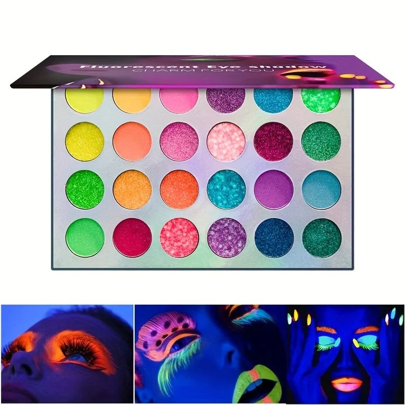 24 Colorful Eyeshadow Palette Neon Glow in Bright Makeup 24 Color Pigmented Eye Shadow Pallet Matte Shimmer Glitter Eye Cosmetic