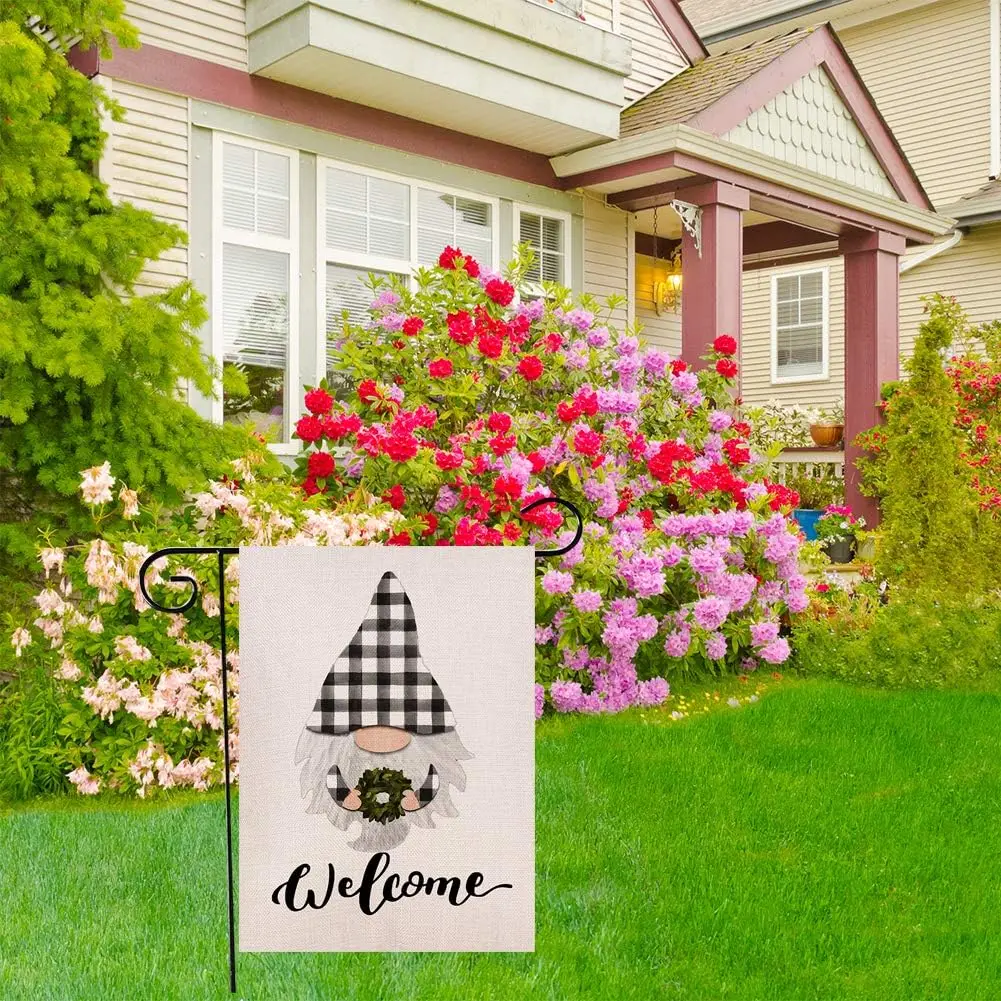 Welcome Gnome Garden Flag，Summer Magnolia Wreath Yard Garden Flag,Buffalo Check Plaid Gnomes Vertical Double Sided Farmhouse EEZ