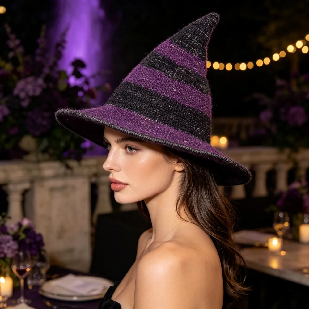 Retro European Knitted Wizard Witch Hat Foldable Large Brim Pointed Hat for Women Large Head Friendly Halloween Party Accessory