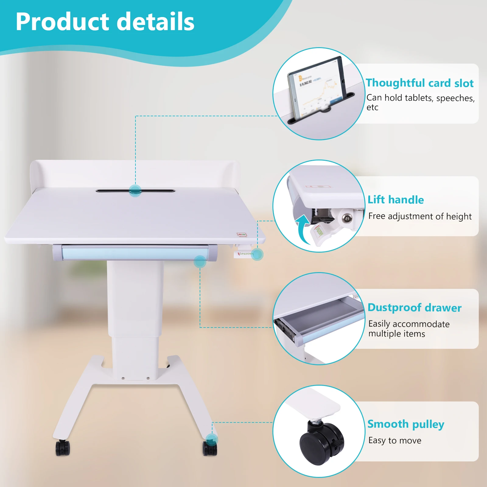 Mobile Metal Lectern with Wheels Adjustable Height Reception Desk Office Conference Lectern Table for Church & Events