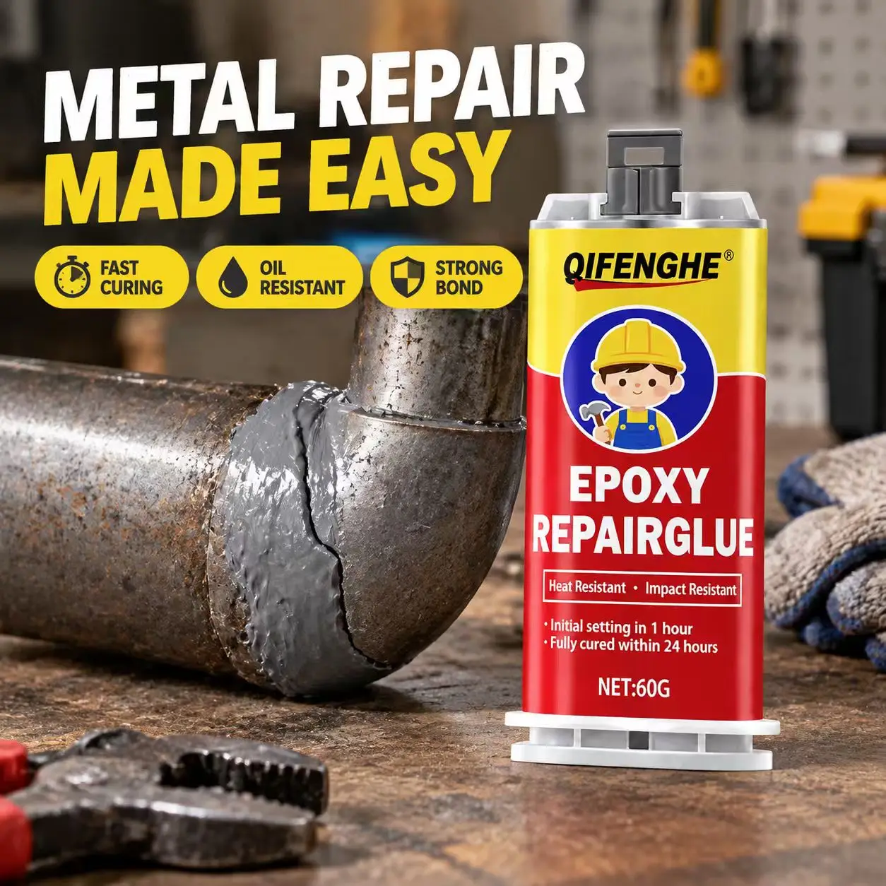 60g Metal Repair Epoxy Glue AB Adhesive Fast Curing Strong Bond Heat Oil Resistant Leak Sealing Iron Copper