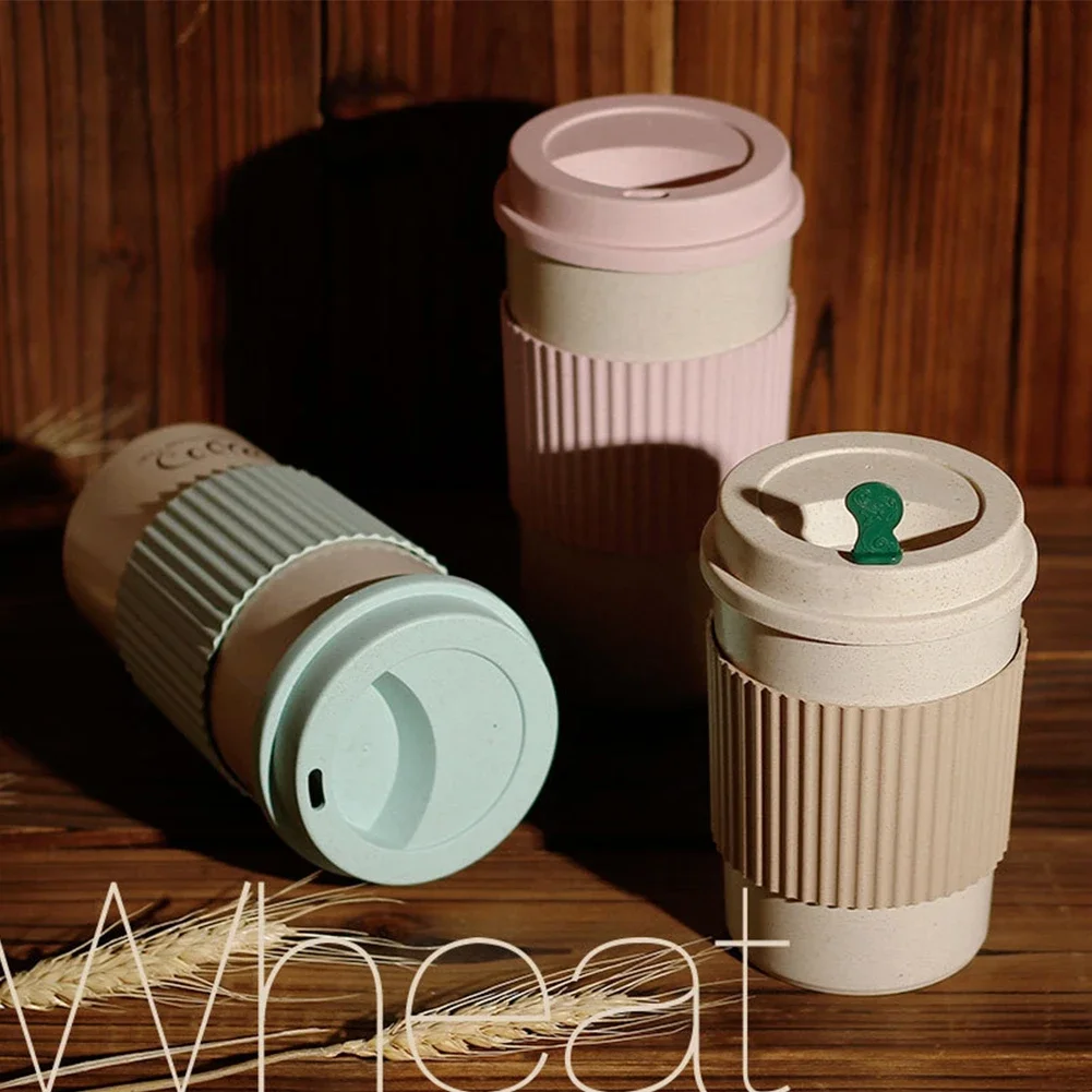 450ML Coffee Cups With Lids Wheat Straw Reusable Portable Coffee Cup Dishwasher Safe Coffee Mug Coffee Tea Travel Cups