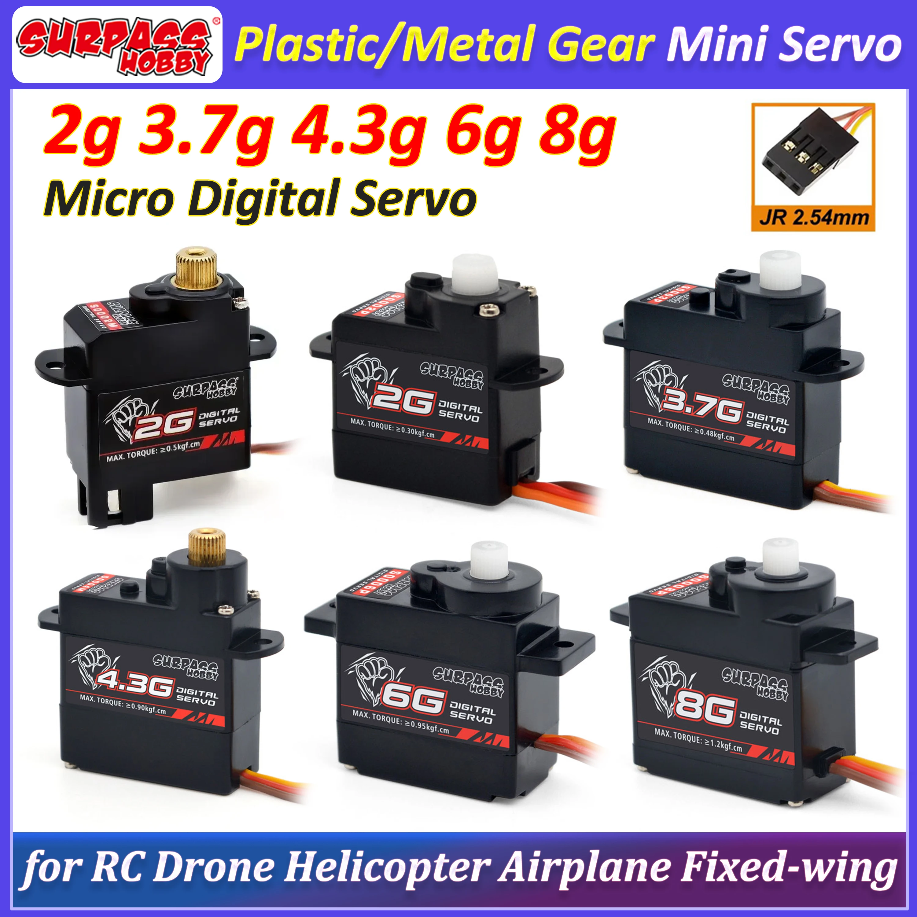 SURPASS HOBBY 2g 3.7g 4.3g 6g 8g Micro Digital Servo mit Kunststoff-/Metallgetriebe für RC-Drohnen, Flugzeuge, Helikopter, Flugzeuge mit festen Flügeln, Autos und Roboter