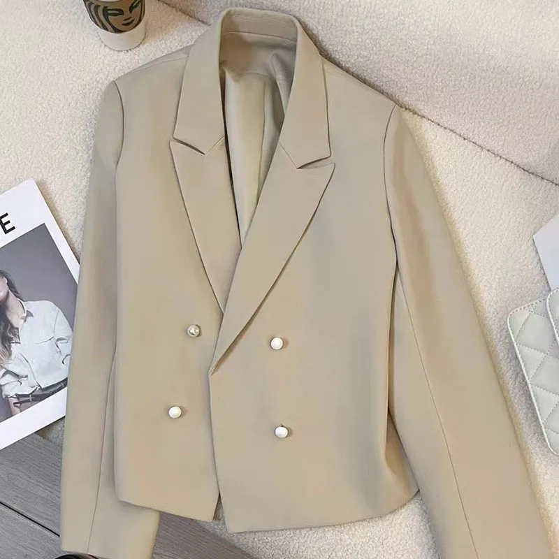Korean Short Blazer for Women 2025 New Autumn Double-Breasted Notched Office Lady Jacket All-Match Simple Small Suit Jacket