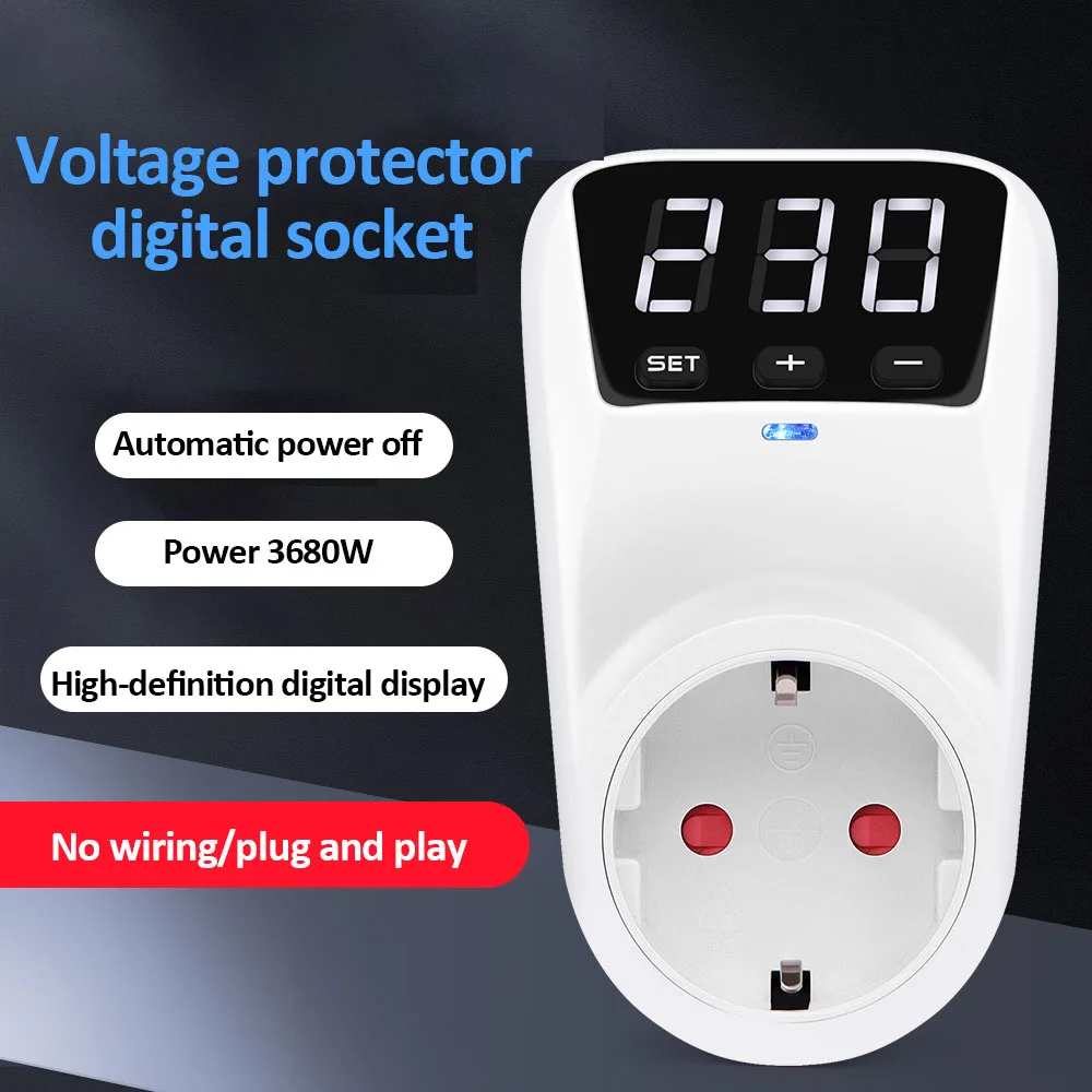 Ajustável Digital Protetor de Tensão Soquete, Power Surge Socket, Função de Reset Automático, EU Plug, AC 230V, 16A