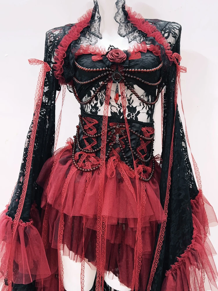 

Court Sle Gothic Punk Dr Irregular Hemline Puffy Skirt Ancient Rose Pattern Sexy Zipper High Waist Bell Sve Dr