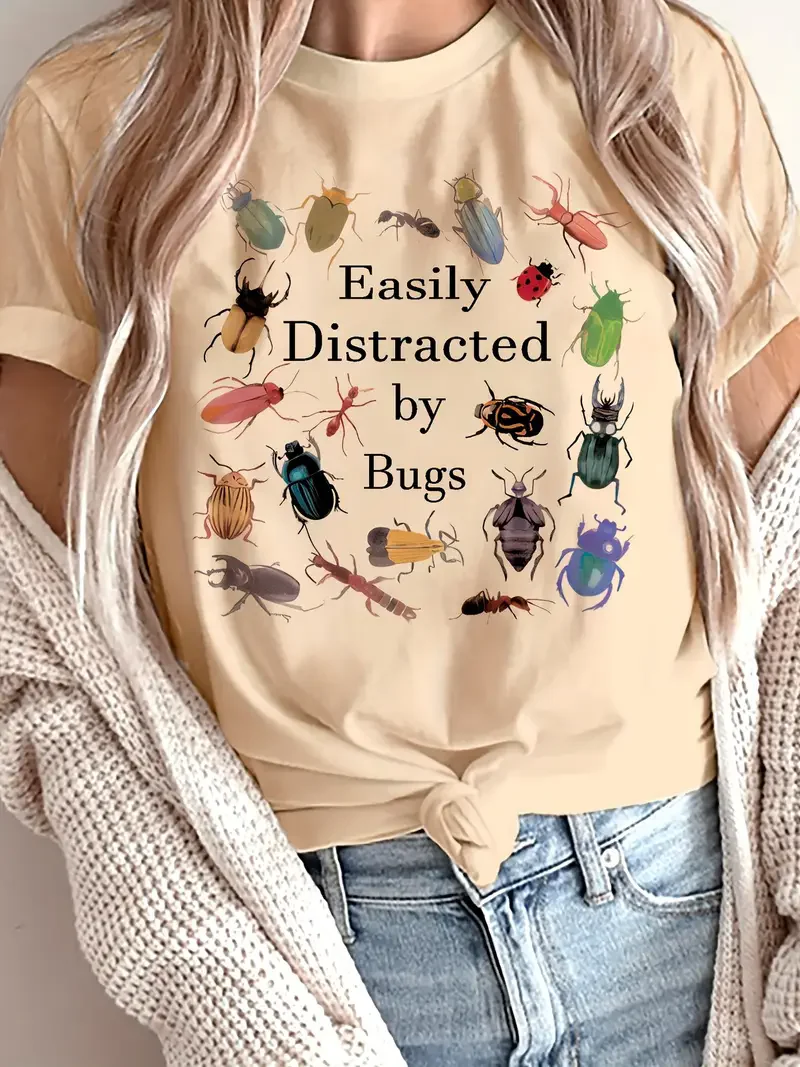 Anime Insect Animals Bedrucktes T-Shirt mit Rundhalsausschnitt, lässiges Kurzarm-T-Shirt für Frühling und Sommer, Damenbekleidung