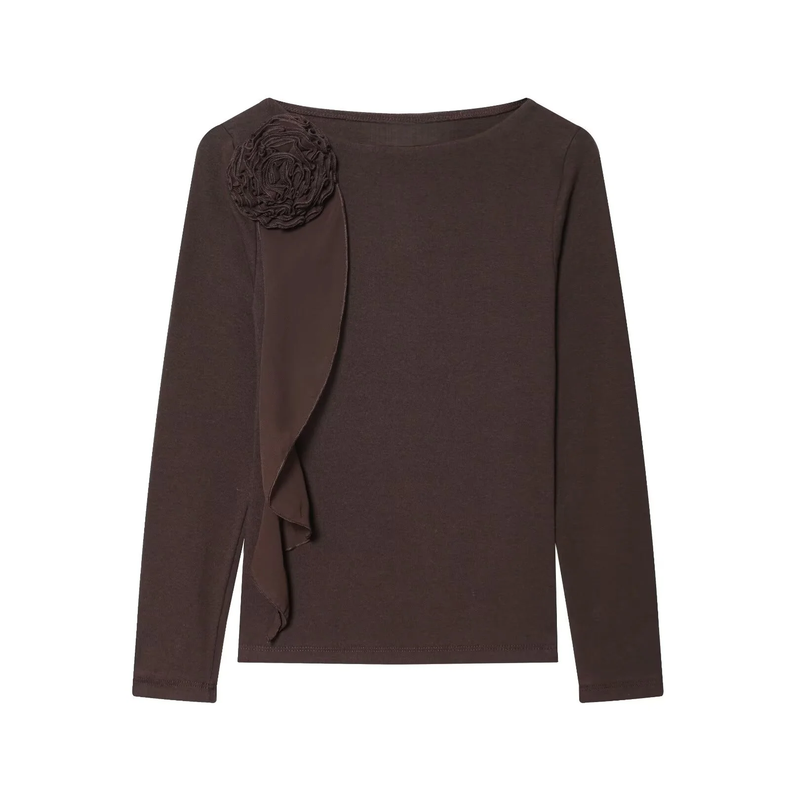 2025年冬新作 レディース カジュアルファッション シンプル オフショルダー スリムフィット 快適 長袖 3D花柄Tシャツ