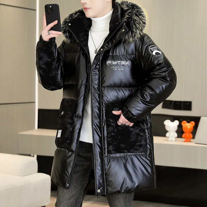 Casual Winter Men's Mid-Length Hooded Cotton-Padded Jackets Streetwear Fur Collar Detachable Warm Coats Windproof Thicken Parkas