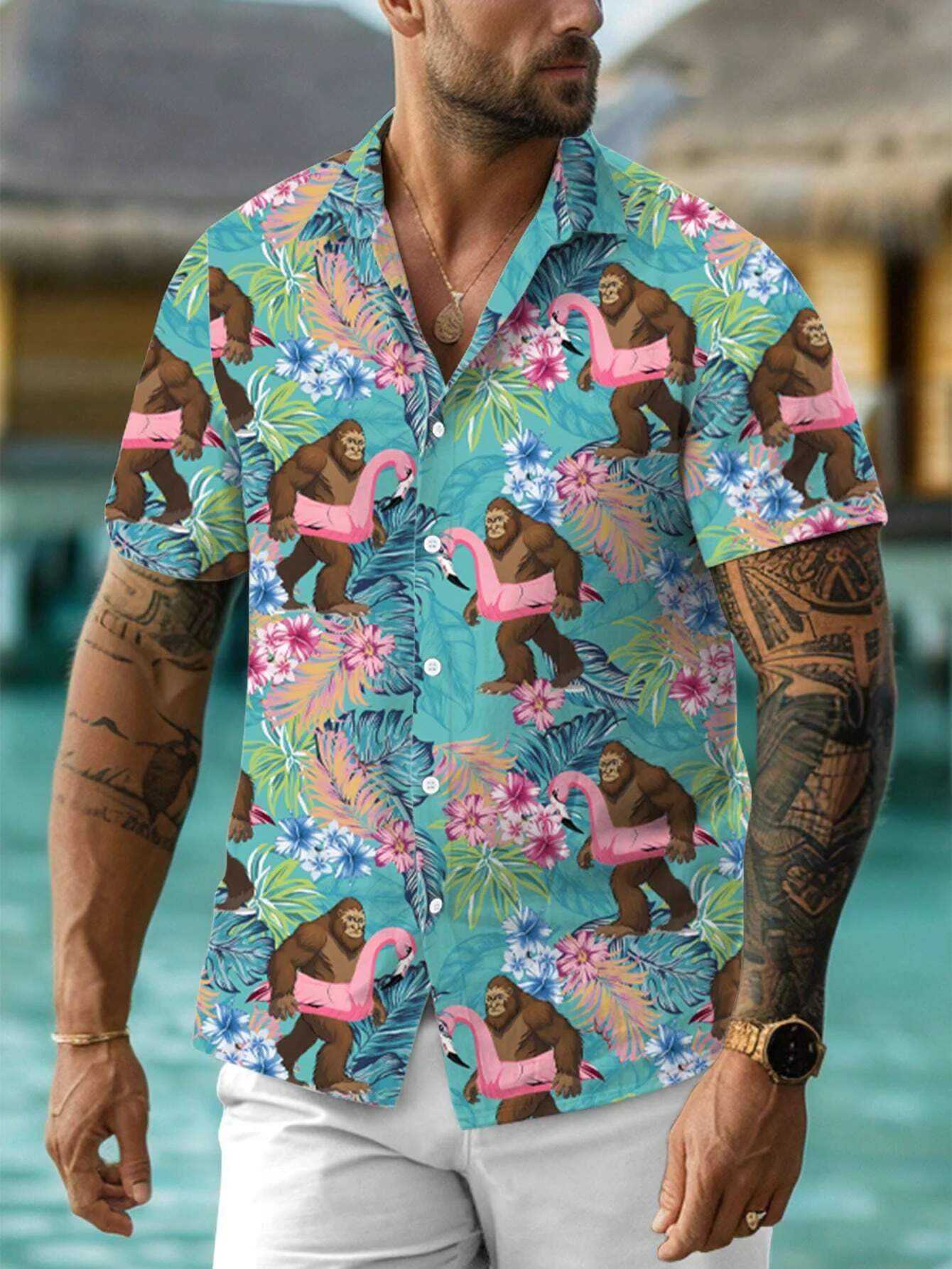 Camisa de manga corta con estampado para hombre, camisa holgada con cuello vuelto y cierre frontal con botones completos, ropa de verano