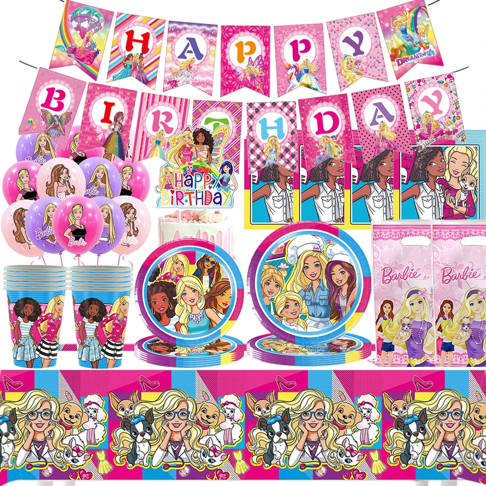 89pcs Barbie Doll Paper Tableware Party Decoration Supplies Pink Girl Paper Cup Plate Napkins Foil Balloon Party DIY Event Props