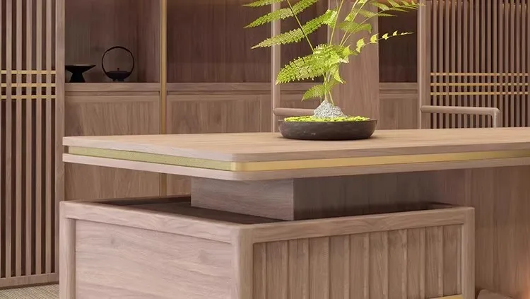 Mesa: madeira maciça, luxo leve, mesa e cadeiras chefe, escritório moderno e simples