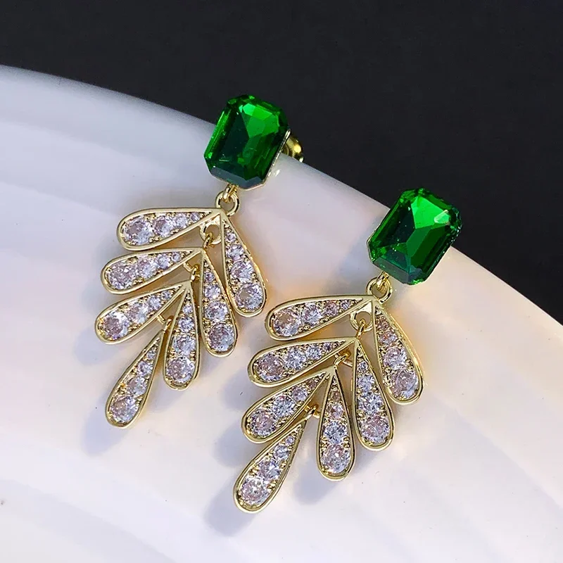 Green Crystal Tassel Earrings Women's Super Flash Premium Niche Design Leaf Sterling Silver Light Luxury Earrings