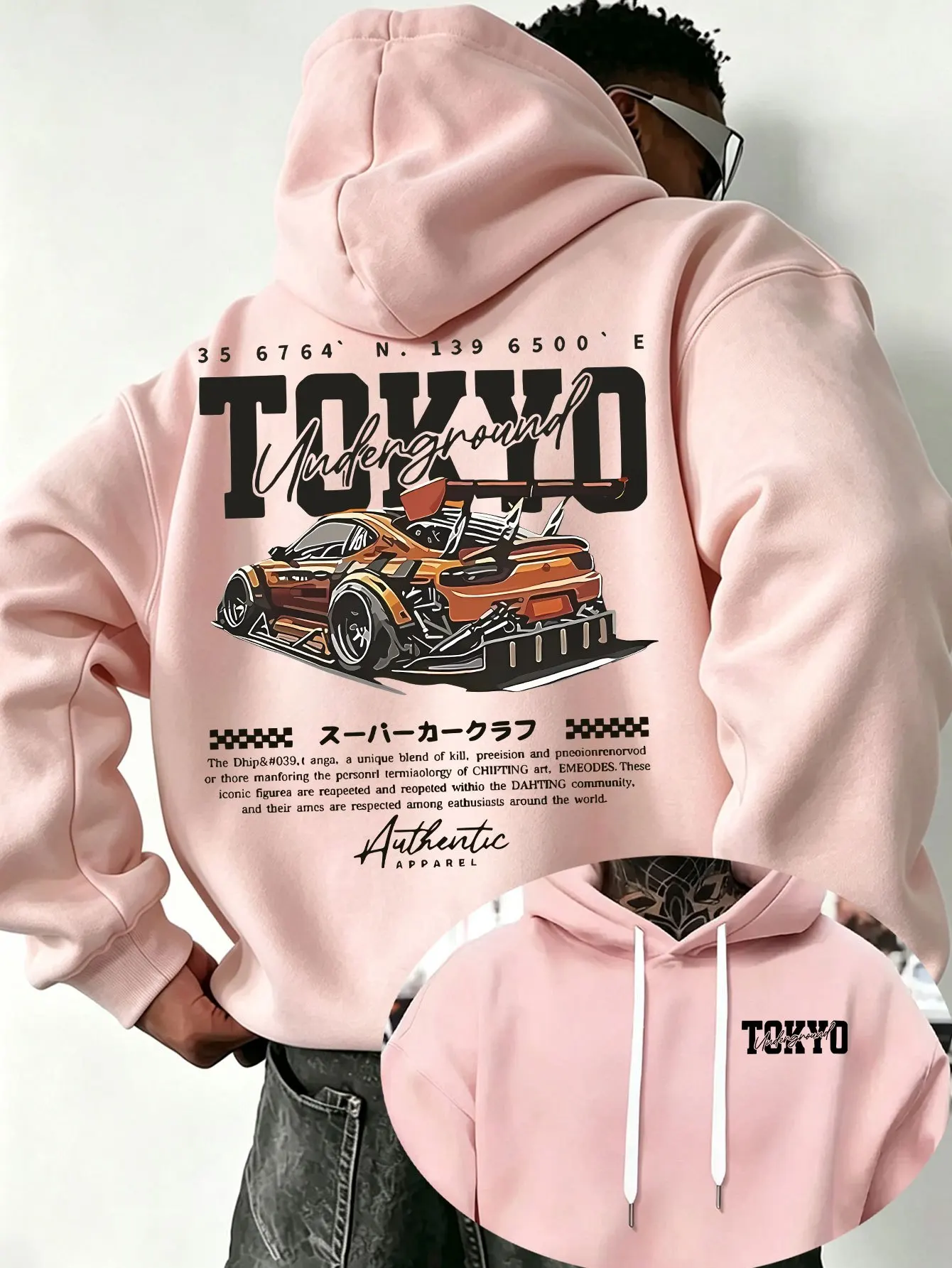 Tokyo-style Japanese Racetrack Print Street-wear Men's Hooded Sweatshirt for Autumn Winter, Suitable for Daily Commuting Outfits