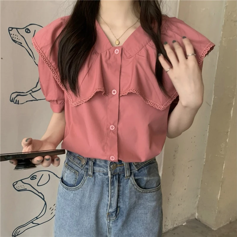 White Retro Shirt Women Summer Chic Puff Sleeve Loose Top Korean Fashion Harajuku Lace Patchwork Peter Pan Collar Female Blouse