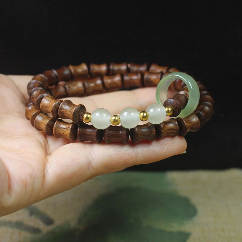 Black rosewood bamboo knot double-layer bracelet with running ring design, unisex jewelry, Buddhist prayer beads