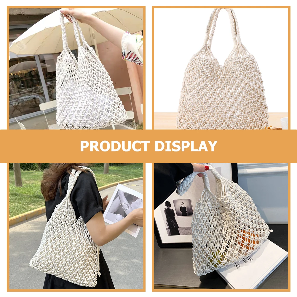 

Women White Beach Handbag Large Capacity Shopping Tote Woven Crochet Waterproof Resistance Summer Shoulder Bag Knit
