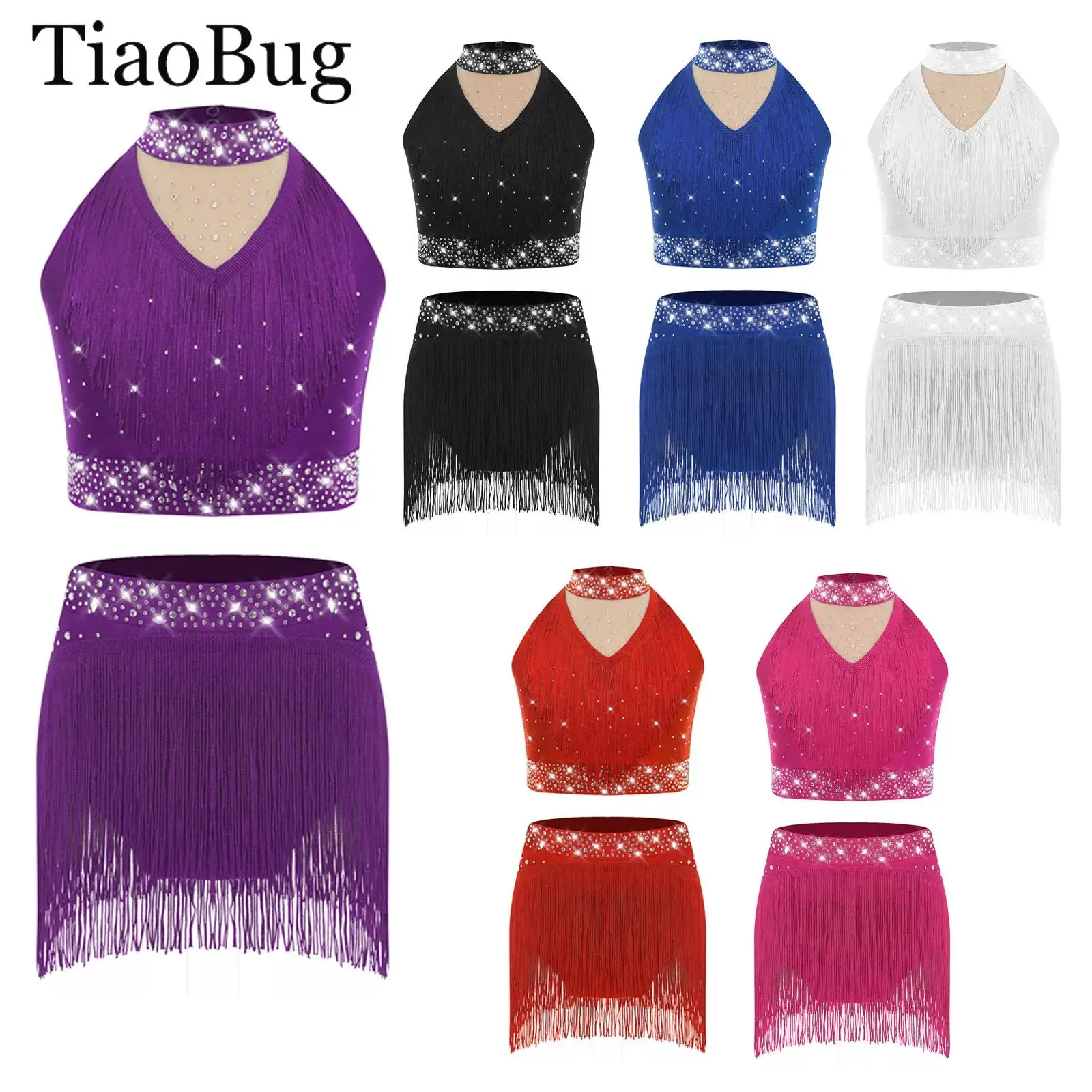 

Girls Latin Jazz Dance Outfit Sparkly Sequins Tank Tops Dance Vest with Dance Bottoms Set Sequins Fringe Performance Dancewea