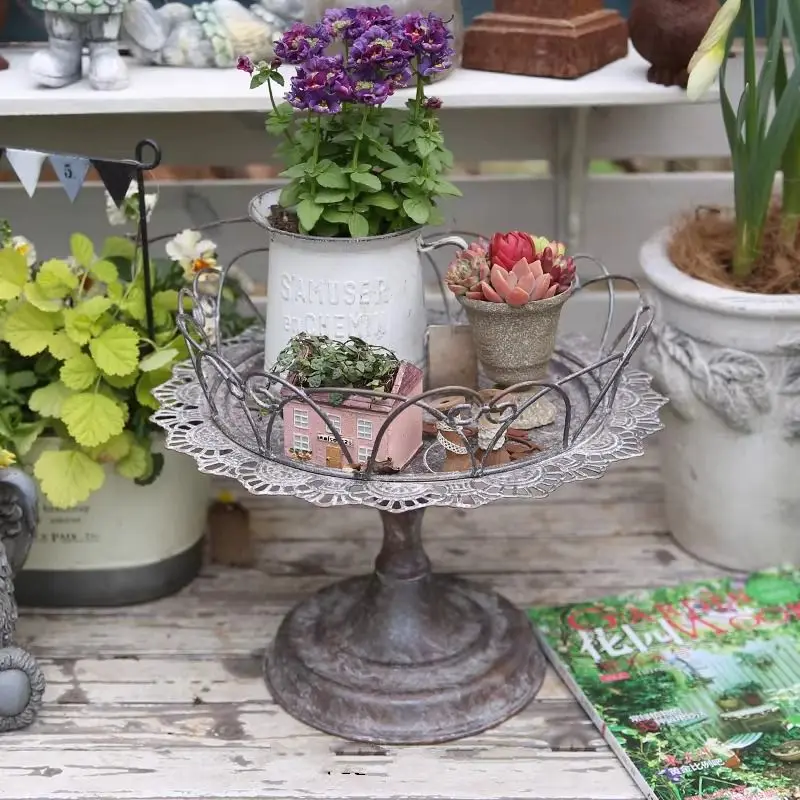 Vintage Metal Pedestal Tray Stand, Lace Edge Cake Stand, Rustic Shabby Chic Table Centerpiece, French Garden Decor Display