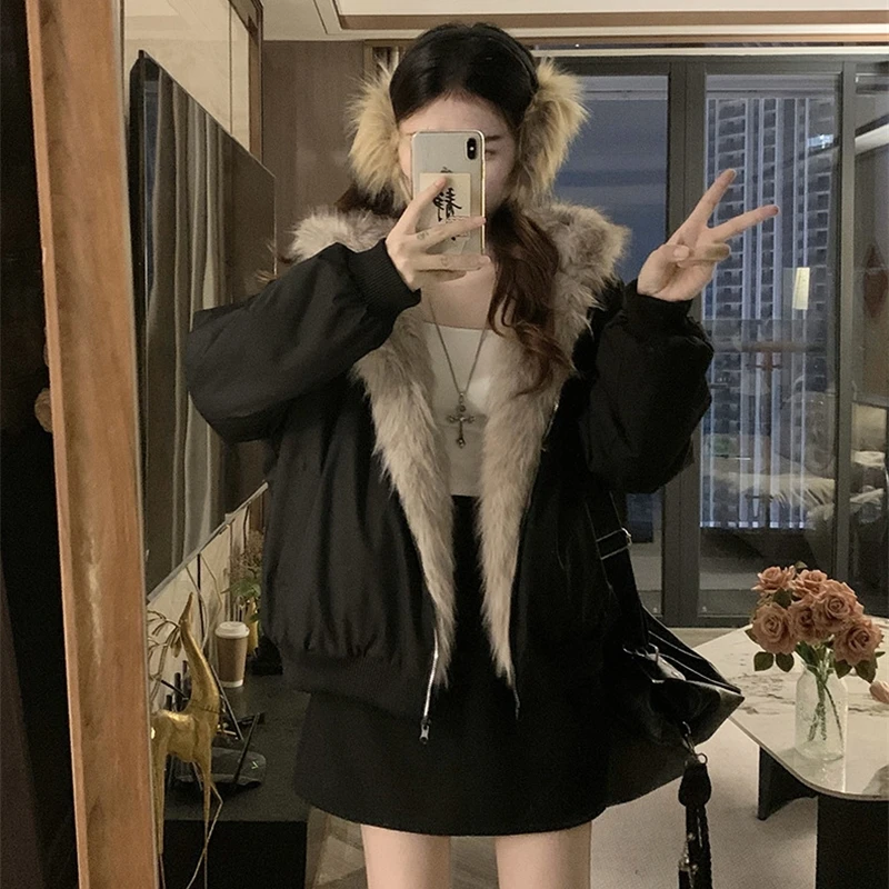 موضة جديدة جواكت شتوية المرأة قصيرة فضفاضة الوجهين ارتداء تقليد المنك المخملية الفراء مقنعين القطن وسادة مبطنة معاطف الاتجاه #5