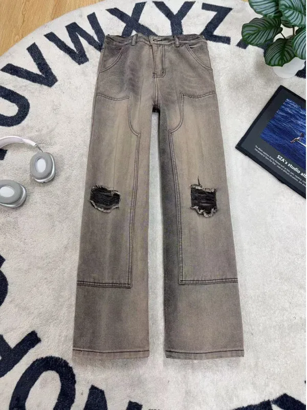 Calça Jeans Casual Unissex Rasgada e Lavada com Corte Reto, Ajuste Solto, Marca Tendência, Cintura Média, Fechamento com Zípe...