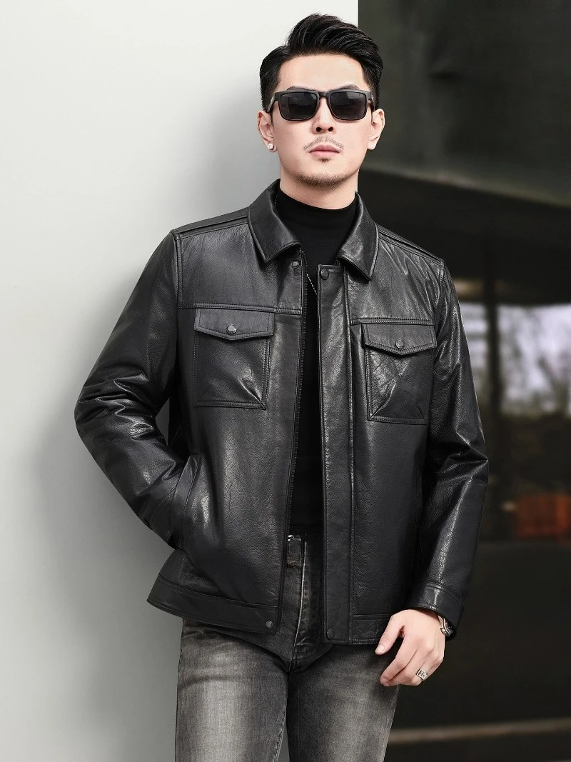 AYUNSUE 2026 Waxed Top Layer Cowhide Genuine Leather Down Jacket Men Lapel Collar Short Real Leather Coat Detachable Down Liner