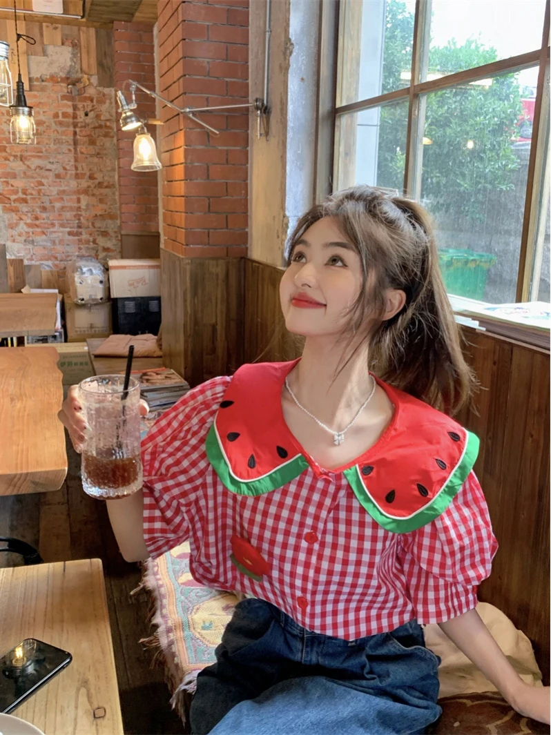 

Vanwenwen Summer Sweet Sle Red Plaid Doll Collar irt Women's Bubble Sve Casual Breathable Loose Fit ort Sve Top