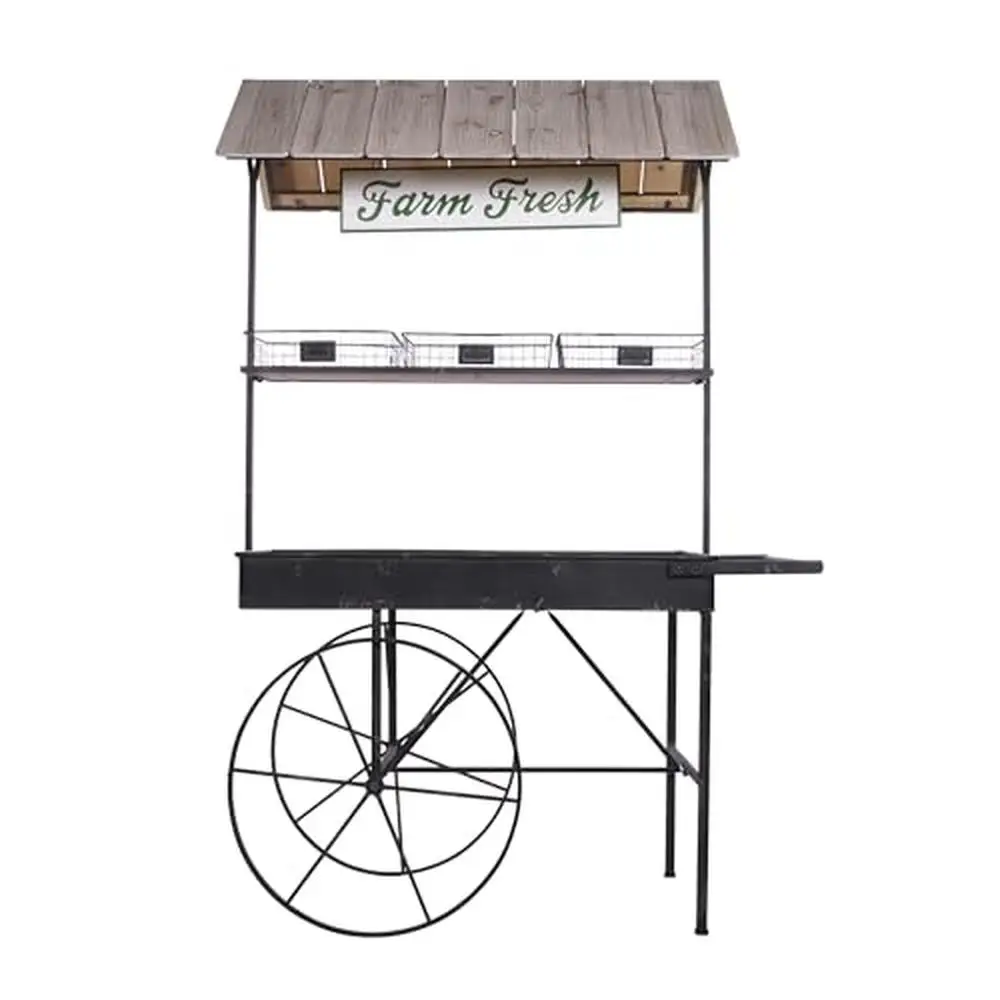 Metal Garden Cart Farmhouse Design Farm Fresh Sign Display Storage Shelf Plant Flower Basket Indoor Outdoor 51