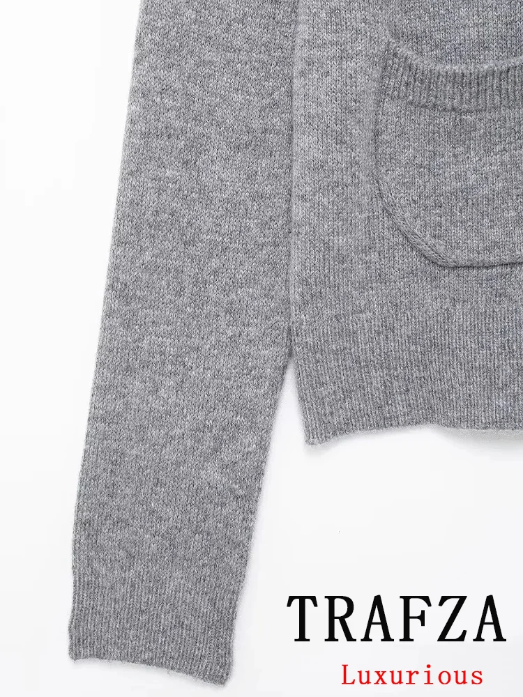 TRAFZA Vintage Casual Chic Women Sweater Solid Bow Turn-down Collar Long Sleeve Knitted Cardigans Fashion 2024 Autumn Sweaters