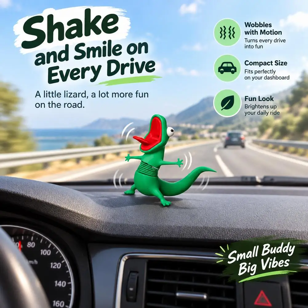 3D Printed Green Lizard Meme Toy Shaking Spring Decompression Ornament Cute Dashboard Decor For Gift Car Accessories