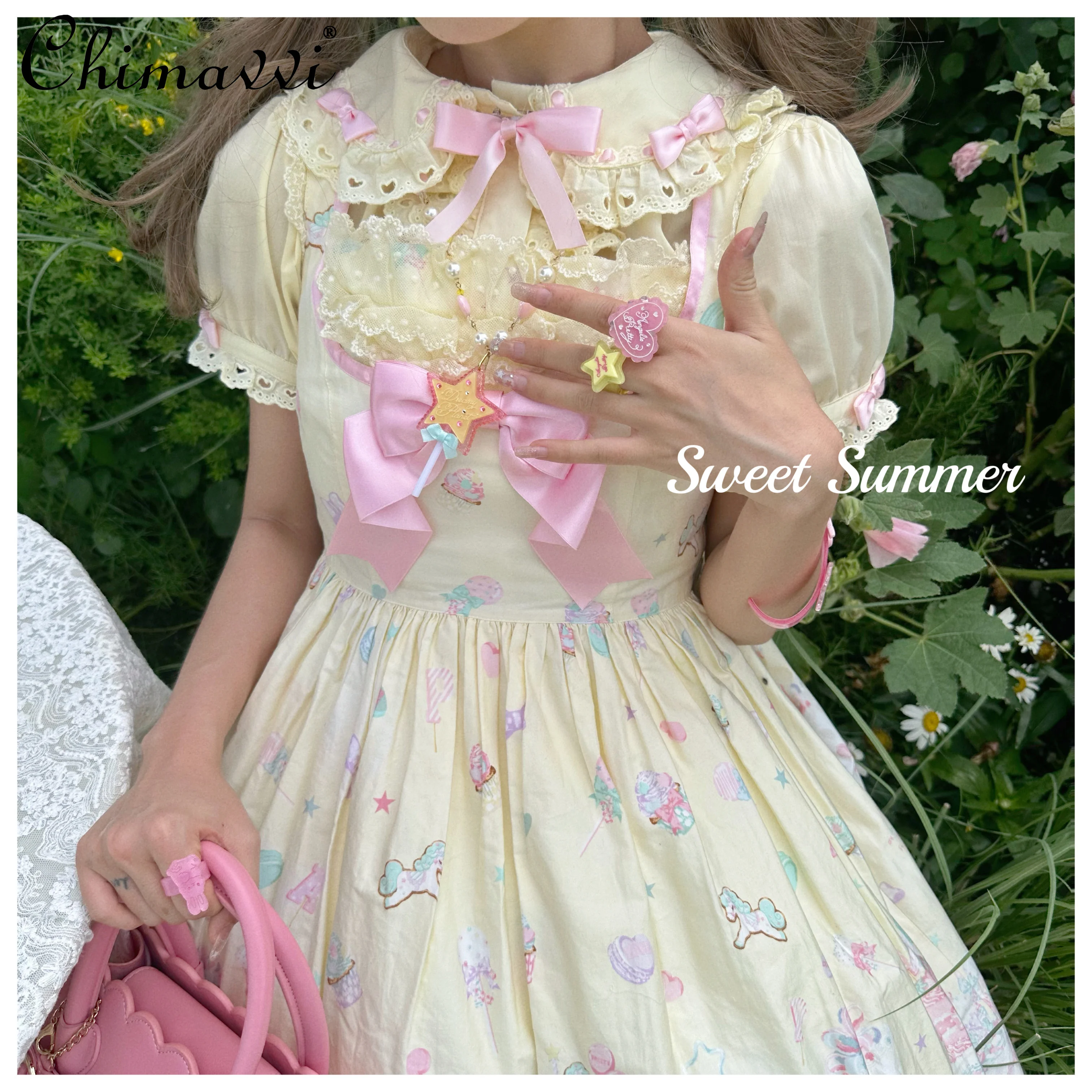 

Sweet Candy Color Lolita Cotton Lace Shirt 2024 Summer Clothes New Girly Women's Short Sleeve Loose Student Kawaii Blouse Tops