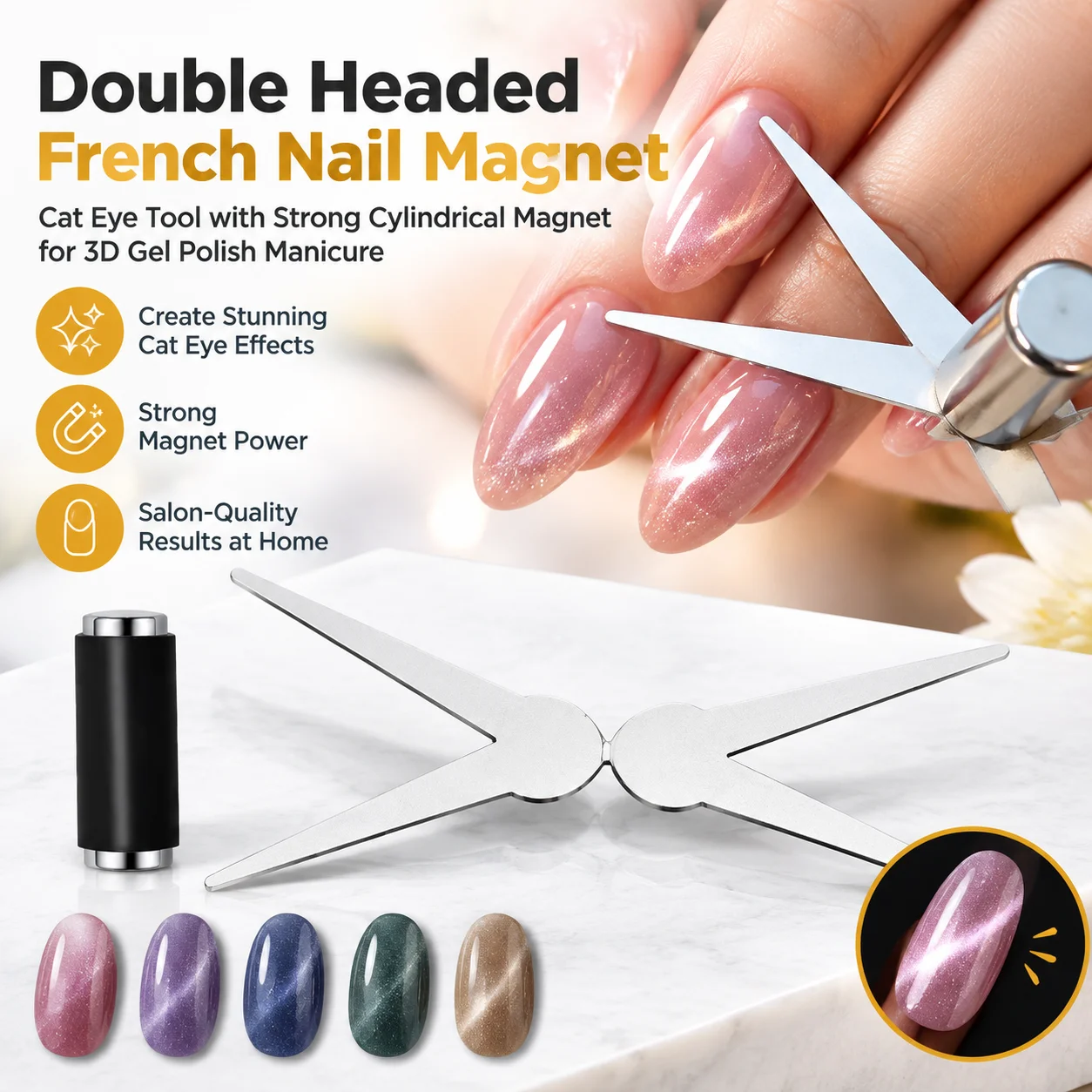 Double Headed French Nail Magnet Cat Eye Tool with Strong Cylindrical Magnet for 3D Gel Polish Manicure