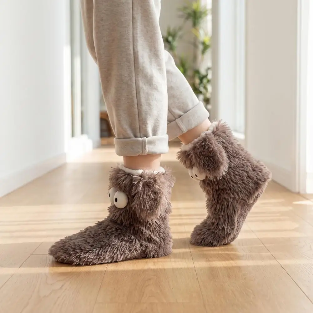 Fluffy Monster Slipper Socks with Big Eyes, Non-Slip Cartoon Floor Socks, Soft Plush Lining Warm Socks for Indoor Bedroom Wear